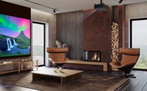 Optoma UHZ78LV sfeerfoto woonkamer met haard